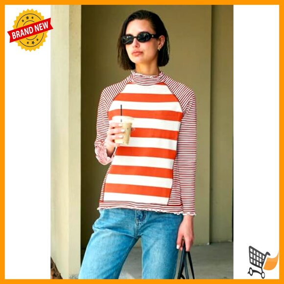 Long Sleeve Striped Turtleneck Tunic Top Raglan Sleeve Loose Fit Pullover - Picture 5 of 7